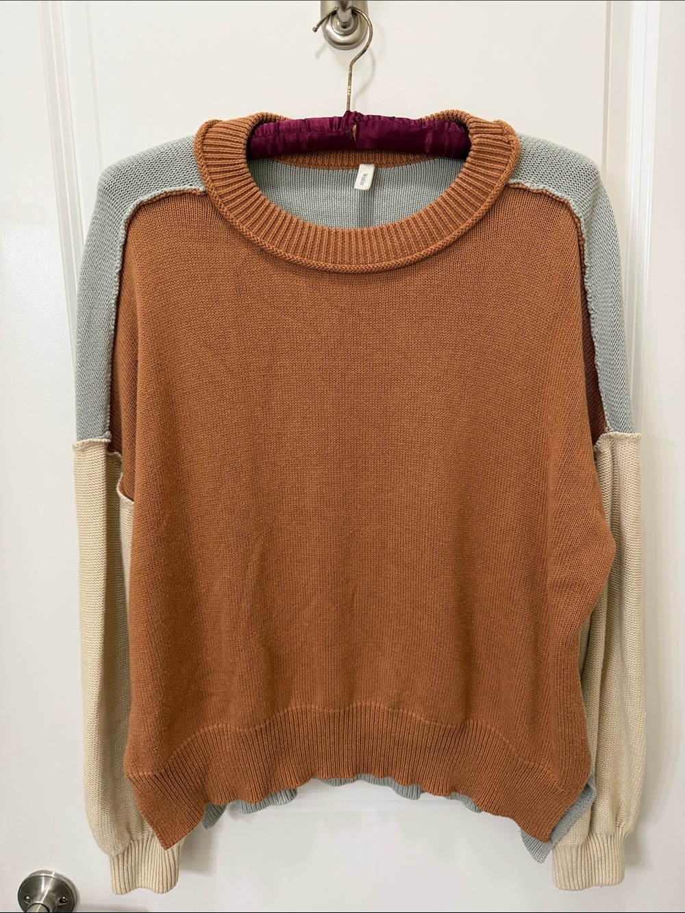 Wishlist Colorblock Crewneck Sweater in Rust, Light Gray, and Cream